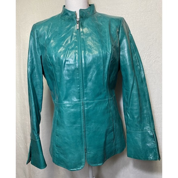 Pamela McCoy Vintage 80's Leather Jacket Turquoise Leather 80s Women's Size S - Picture 1 of 16